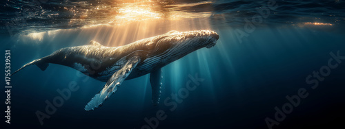 Panel kuchenny z motywem Majestic Humpback Whale Swimming Underwater with Sun Rays Illuminating Its Graceful Form
