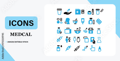 Collection of medical icons for healthcare applications and design projects.