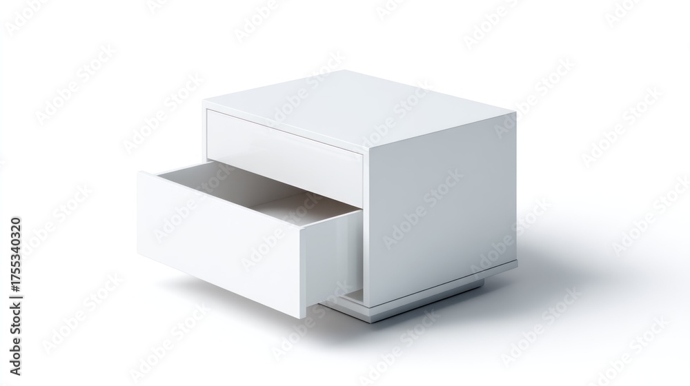 Fototapeta premium A minimalist white bedside table with two drawers, one open, against a white background with soft shadows.
