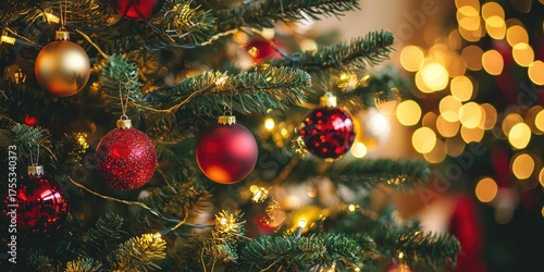 A beautifully decorated Christmas tree with red and gold ornaments, surrounded by twinkling lights and a warm, inviting ambiance.