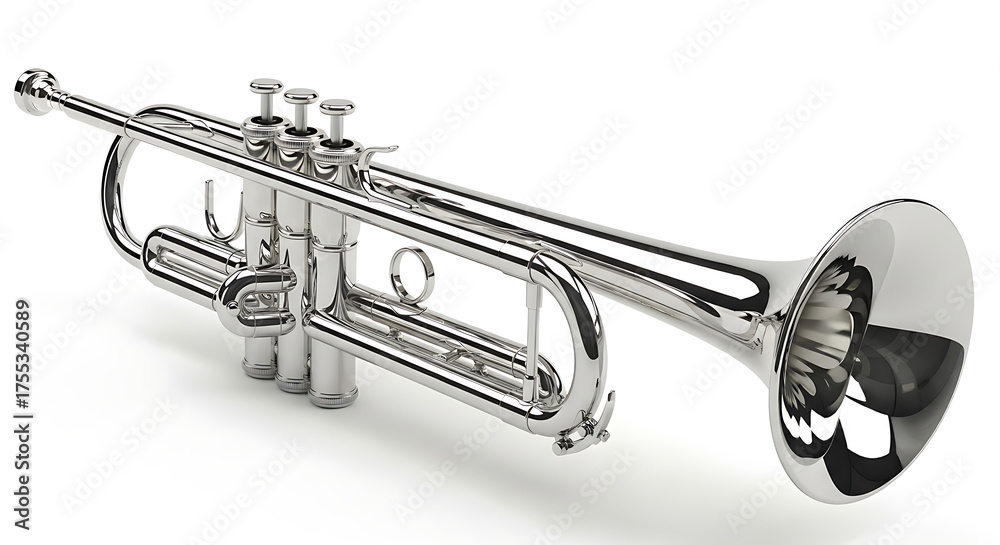 Obraz premium Angled view of a polished brass trumpet with a silver finish, isolated to highlight its sleek, metallic texture.