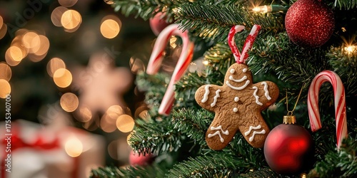 A beautifully decorated Christmas tree with a gingerbread man ornament, surrounded by candy canes and red baubles, with a soft, bokeh background and warm, festive lights.