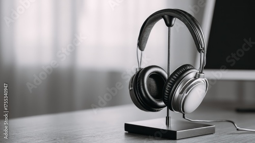 Headphones on a stand, with a blurred background of a window and a computer monitor.