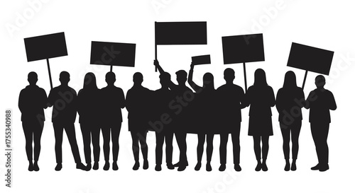 A diverse group of people in silhouette holding protest signs and banners at a rally or demonstration silhouette