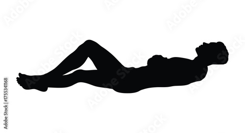 A person in silhouette lying down with knees bent and arms crossed over chest on a white background silhouette
