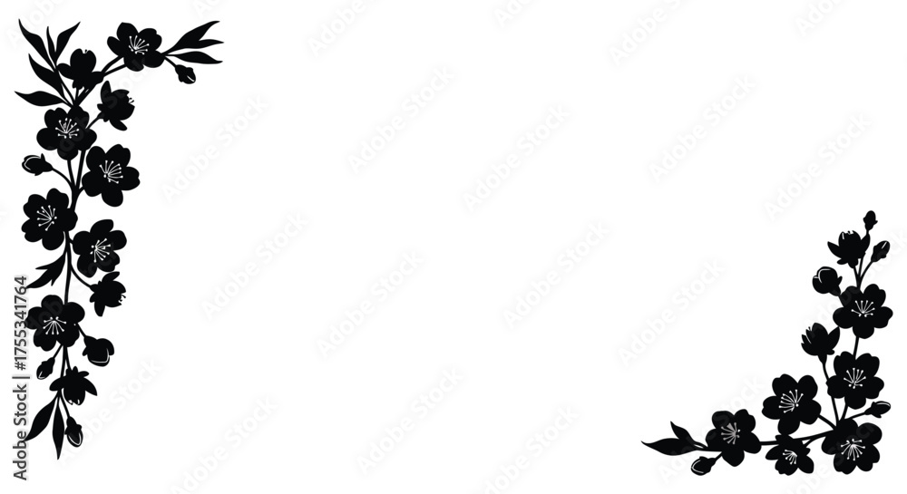 Fototapeta premium Elegant black floral corner decorations with delicate blossoms and leaves in a striking silhouette style