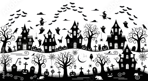 Spooky halloween silhouette panorama featuring haunted houses spooky trees graveyards and flying bats eerie nighttime atmosphere for festive decorations vector