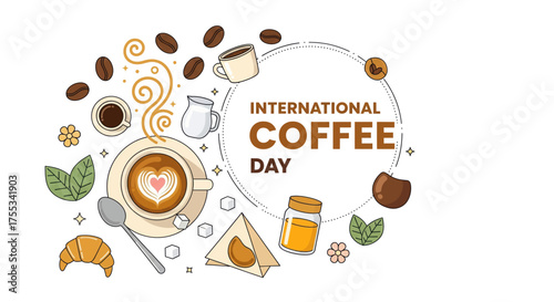 International coffee day celebration lively artistic design with coffee beans cups croissants and refreshing mint leaves for festive marketing vector