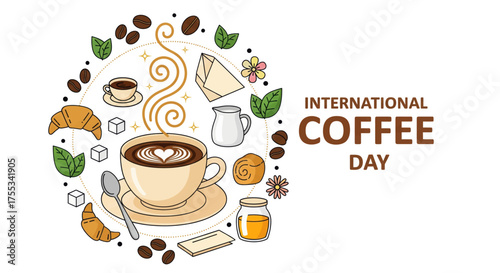 Celebrate international coffee day with a hand-drawn artistic composition featuring a steaming cup coffee and coffee-related elements vector