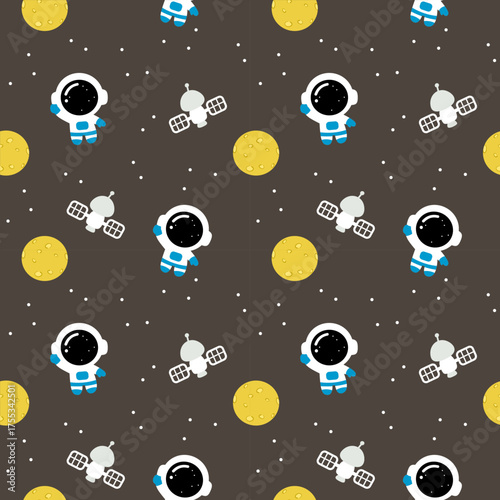 Cute Astronaut and Satellite Seamless Space Pattern for Kids and Wrapping Paper