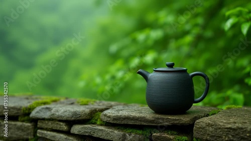 Minimal japanese tea aesthetics, teapot on a stone surface in nature.