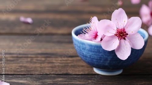 Minimal japanese tea aesthetics, flowers in a blue bowl