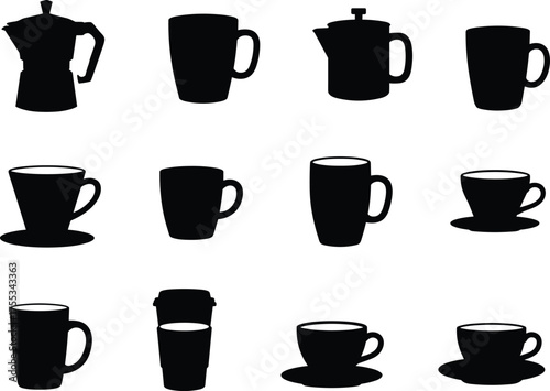 Coffee maker silhouettes, espresso pot, French press, mugs, cups, saucers, disposable cup, caffeine icons, brewing tools, black vector illustration
