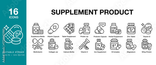 Supplement Product icon set. Includes supplement, health, nutrition, care, product, medicine and More. Editable Stroke Icon Collection.