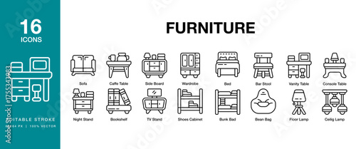 Furniture icon set. Includes furniture, interior, home, modern, house and More. Editable Stroke Icon Collection.