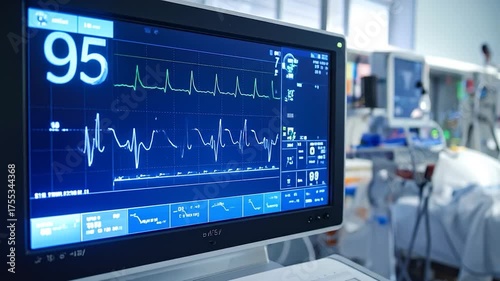 A medical monitor displays vital signs, including heart rate and waveforms, in a hospital room