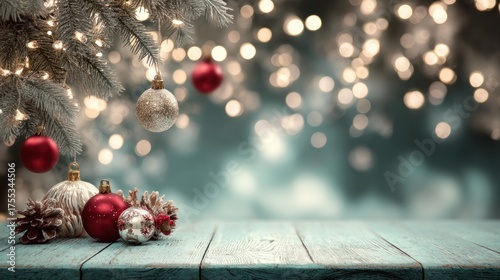 Christmas tree branches adorned with red and silver ornaments, against a blurred background of twinkling lights, with a wooden table in the foreground.