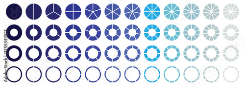 Circle pie chart icons. Pie charts diagram. Circle section graph. Set of different color circles isolated. Vector illustration.  Flat process cycle. Progress sectors.
