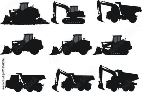 Construction vehicles, heavy machinery silhouettes, bulldozer icon, excavator shape, dump truck, loader vector, black equipment, isolated set, industrial gear, engineering tools