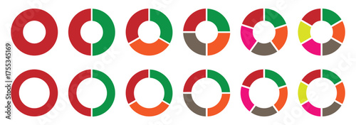 Circle pie chart icons. Pie charts diagram. Circle section graph. Set of different color circles isolated. Vector illustration.  Flat process cycle. Progress sectors.