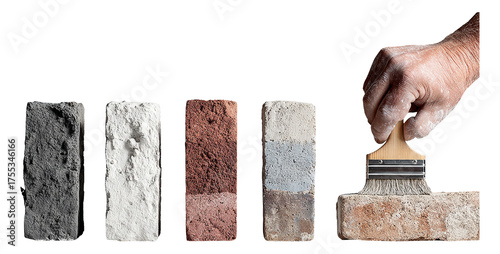 Hand Holding Brush Over Various Paint Stained Bricks on Transparent Background