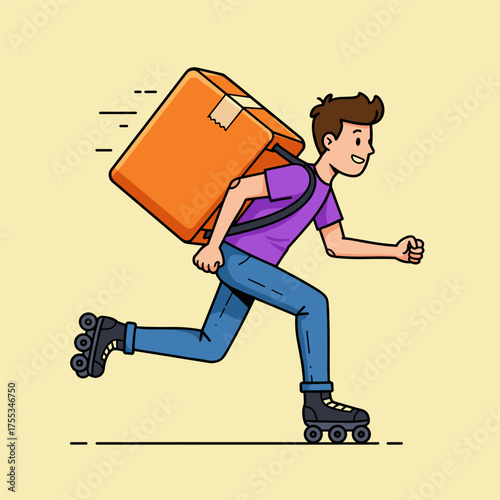 A smiling male courier with a large orange delivery box is skating fast on roller skates to deliver a package.