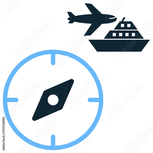Traveling compass icon vector. Ideal for direction, navigation, and geographical themes. This graphic symbolizes orientation and wayfinding during a journey.