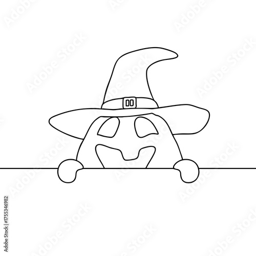 Outline for Coloring of Halloween pumpkin funny and cute peeks out behind the wall. One of the symbols of the autumn holiday. Vector Illustration.