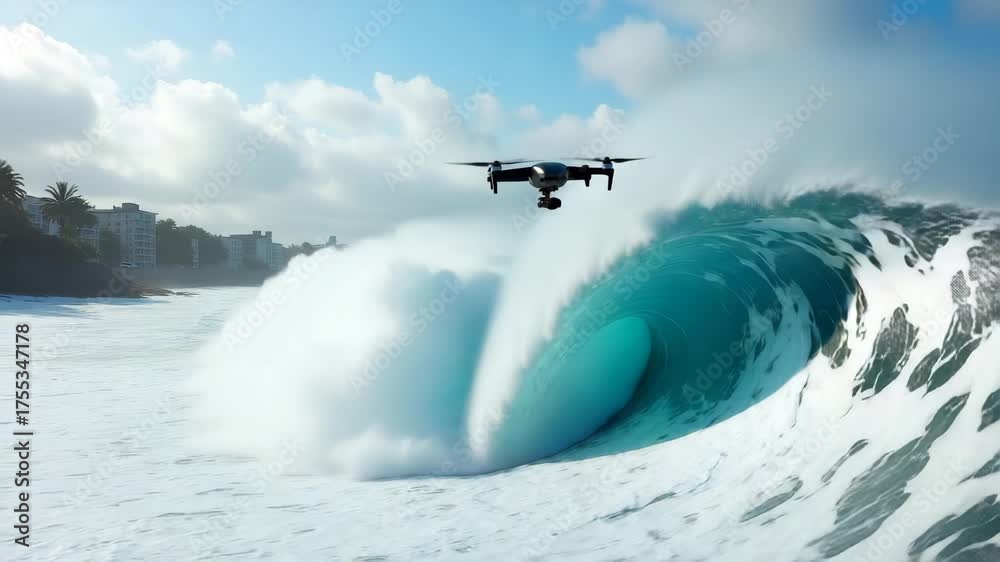 Aerial drone filming immense tsunami wave sweeping across shoreline engulfing coastal defenses and demonstrating raw power of seismic sea wave event in Photo Stock Concept and empty space on the le