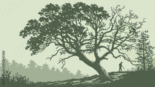 Silhouette of person with staff standing by a large tree with bare branches vector