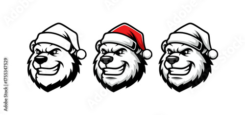 Three cartoon bear heads wearing Santa hats, one in color.