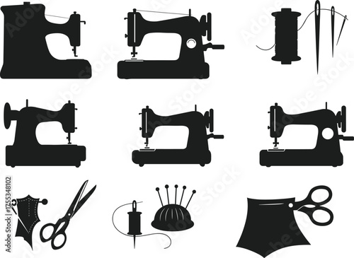 Sewing machine, tailoring tools, thread, needle, scissors, corset, pincushion, fabric, silhouette icons, fashion design, garment, stitch, textile, craft, handmade, vintage, black, 