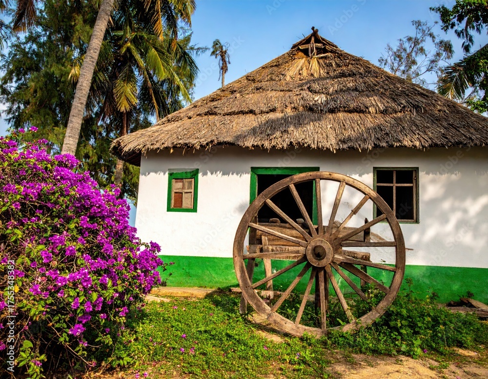 Obraz premium Thatch-roofed white hut, colorful flowers, aged wooden wheel