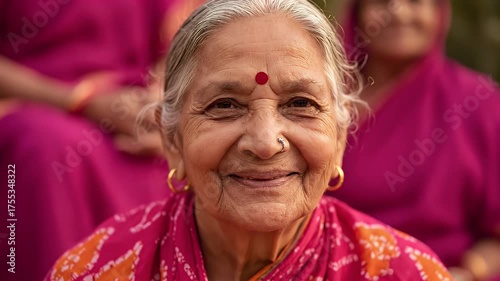 Elderly Indian Woman With Red Bindi And Gold Earrings Smiling Warmly Wearing A Pink Sari With Traditional Patterns Outdoors In Soft Natural Light With Blurred Background Figures