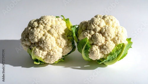 Two Fresh Cauliflowers on a White Surface in Natural Light.