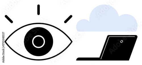 Eye with radiating lines, laptop, and cloud representing vision, technology, innovation, and online connectivity. Ideal for creativity, cloud computing, cybersecurity digital transformation data
