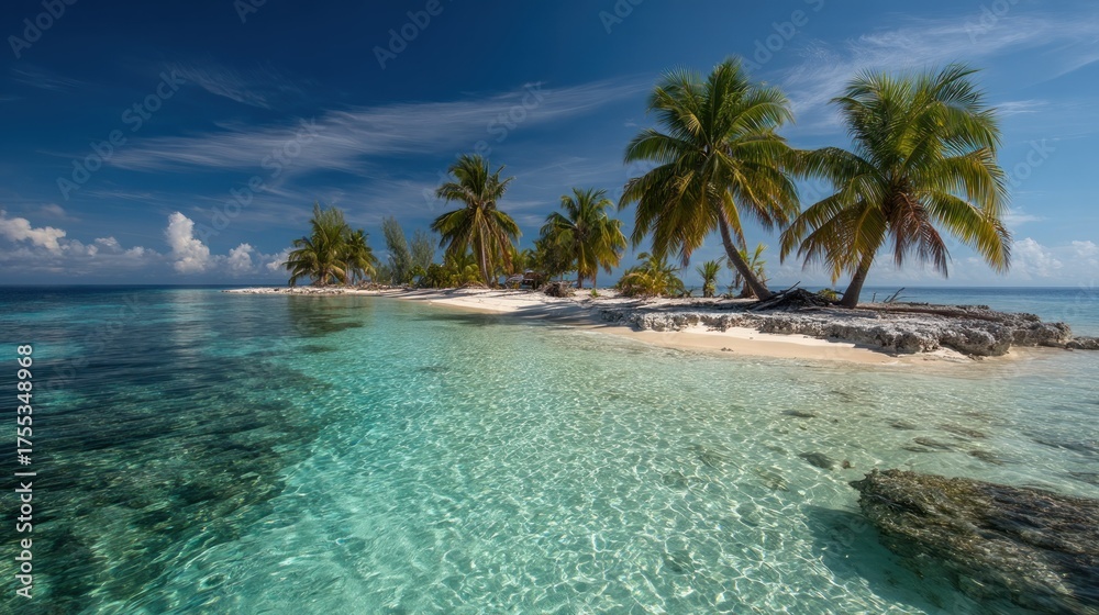 Fototapeta premium A serene tropical island with a white sand beach, crystal-clear water, and lush palm trees under a clear blue sky.