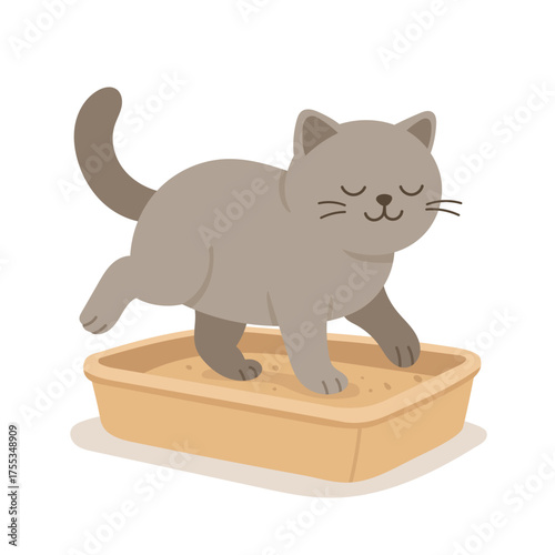 Cute brown cat digging litter box with focused face, daily hygiene moment captured in soft vector art, domestic pet care theme showing cleanliness, habit routine, cozy cat owner lifestyle scene.