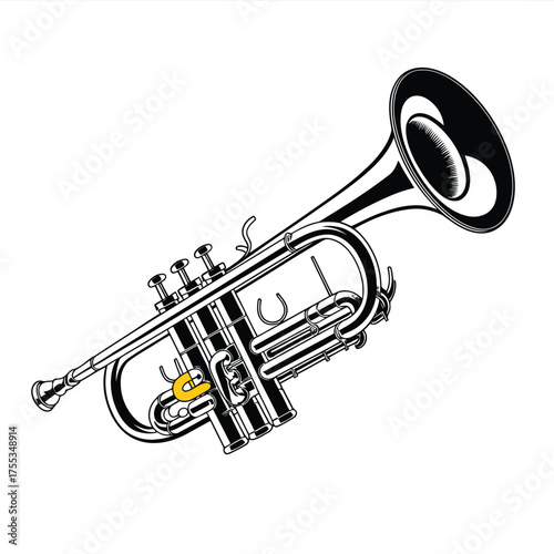 Black and white illustration of a trumpet with a yellow valve detail brass instrument musical instrument