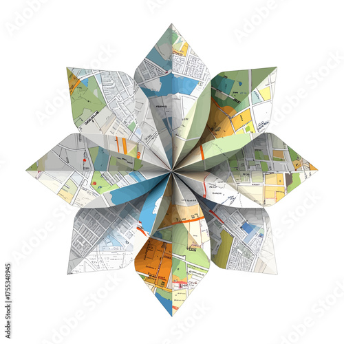 Paper Flower Origami Sculpture with Cartography Design on White Background