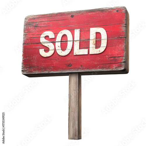 A rustic red wooden sign with the word sold in white letters, isolated on transparent background, suggesting a completed transaction or a successful sale