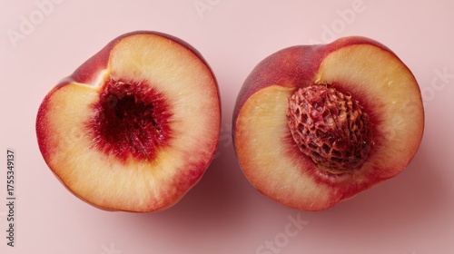 Two halves of a peach, one red and one pink, placed side by side on a pink background. The peach is cut open to reveal its juicy interior 