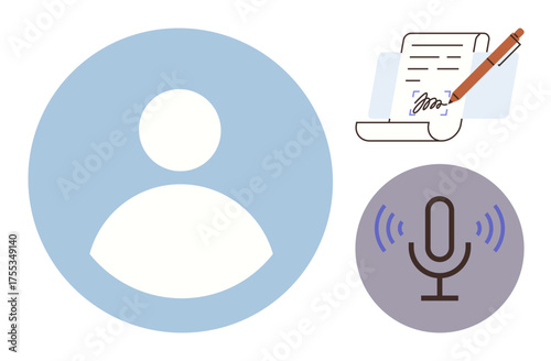 User profile icon in blue, signed document with pen, microphone with soundwaves. Ideal for communication, identity, authentication, documentation, voice recording, digital access content creation