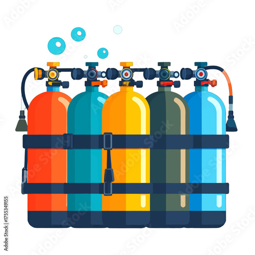 Scuba Diving Tanks Grouped Together with Orange Turquoise Yellow and Blue Colors in a White Background Vector Illustration
