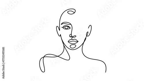 Black continuous line drawing of a woman's face and shoulders on white background abstract artistic