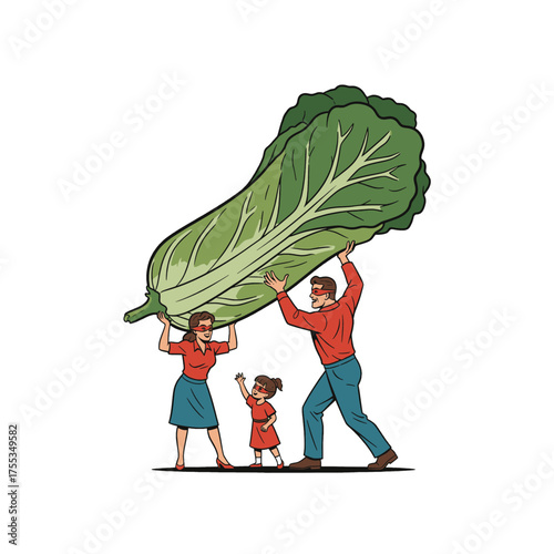 Family Effort Carrying Giant Green Bok Choy Cabbage in Red Shirts and Blue Pants on White Background Illustration