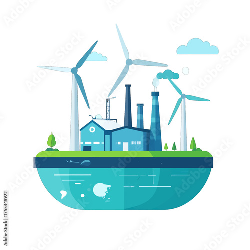 Industrial Landscape with Wind Turbines and Factory Buildings in a Teal Water Body on White Backdrop