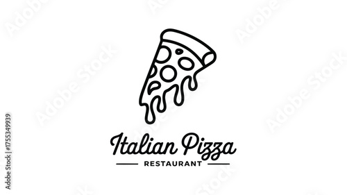 Black line art slice of pizza with dripping cheese and Italian Pizza Restaurant text food
