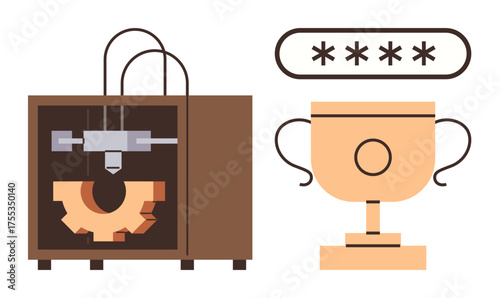 3D printer crafting gear beside trophy, emphasizing innovation, recognition, technology, creativity, security, production, problem-solving. Ideal for progress achievement and simple flat metaphor
