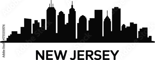 Black silhouette of a city skyline with the words New Jersey below buildings